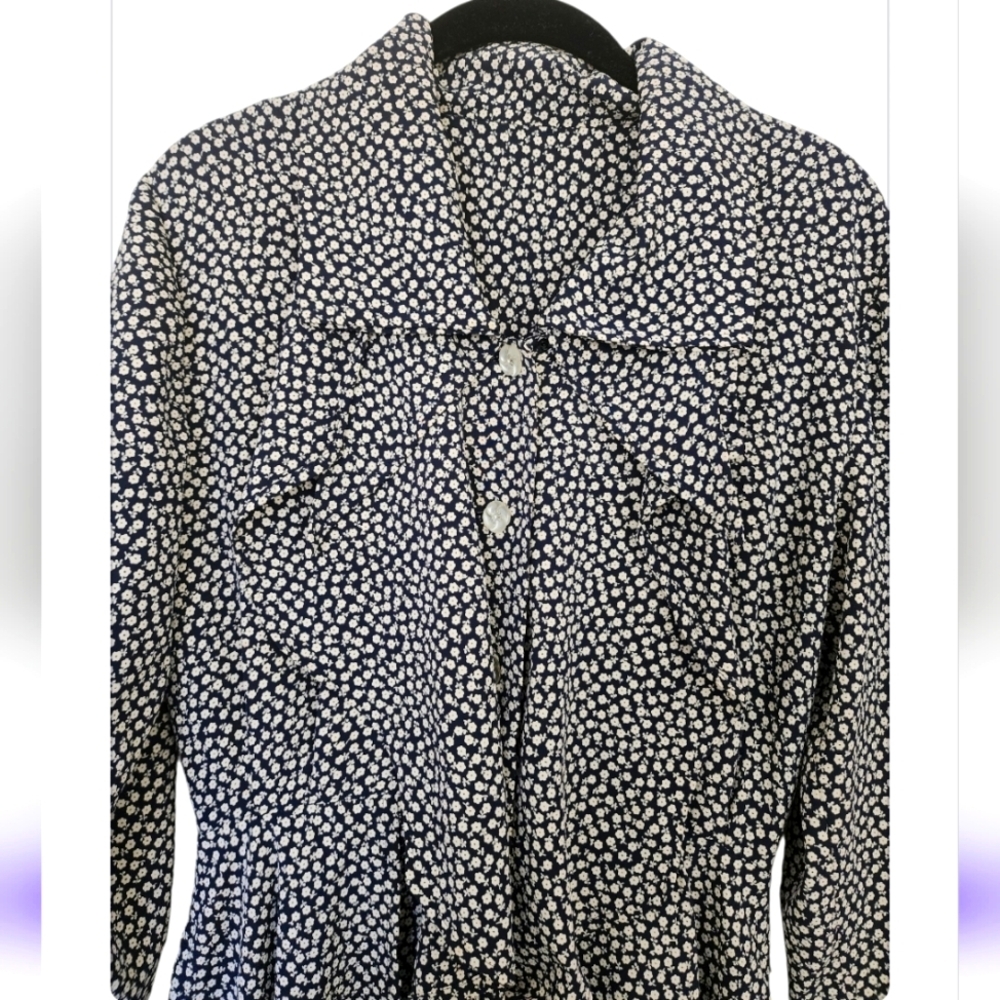 VINTAGE navy blue and white floral collar dress, size S - Picture 2 of 5